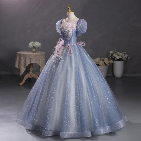 Chic / Beautiful Ocean Blue Sequins Pearl Lace Flower Prom Dresses 2023 Ball Gown Scoop Neck Puffy Short Sleeve Tassel Backless Floor-Length / Long Prom Formal Dresses