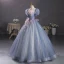 Chic / Beautiful Ocean Blue Sequins Pearl Lace Flower Prom Dresses 2023 Ball Gown Scoop Neck Puffy Short Sleeve Tassel Backless Floor-Length / Long Prom Formal Dresses