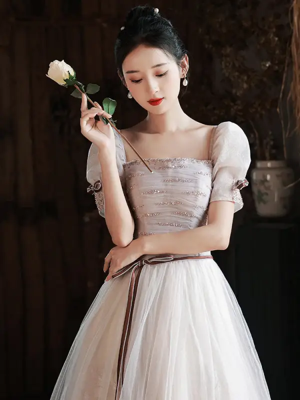 Chic / Belle Rougissant Rose Paillettes Robe De Bal 2022 Princesse Encolure Carrée Manches Courtes Dos Nu Noeud Longue Promo Robe De Ceremonie