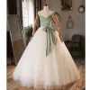 Modest / Simple Bow White Prom Dresses 2023 Ball Gown Spaghetti Straps Sleeveless Backless Floor-Length / Long Prom Formal Dresses