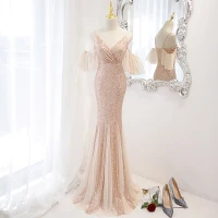 Sparkly Sexy Champagne Sequins Evening Dresses 2022 Trumpet / Mermaid Spaghetti Straps Puffy Short Sleeve Backless Floor-Length / Long Evening Party Formal Dresses