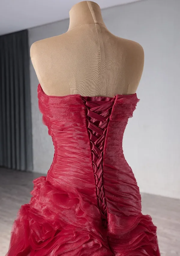 High-end Burgundy Pleated Prom Dresses 2024 Ball Gown Strapless Sleeveless Backless Floor-Length / Long Prom Formal Dresses