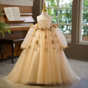Chic Beautiful Champagne Pearl Appliques Birthday Flower Girl Dresses 2025 Ball Gown Scoop Neck 3 4 Sleeve Backless Sweep Train