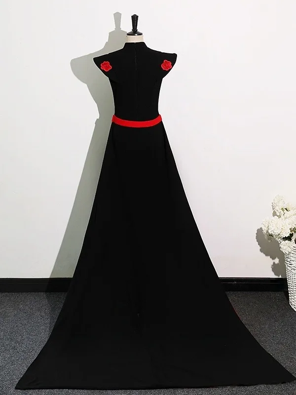 Chinese style Black Evening Party Cheongsam / Qipao 2025 Trumpet / Mermaid High Neck Cap Sleeves Sweep Train