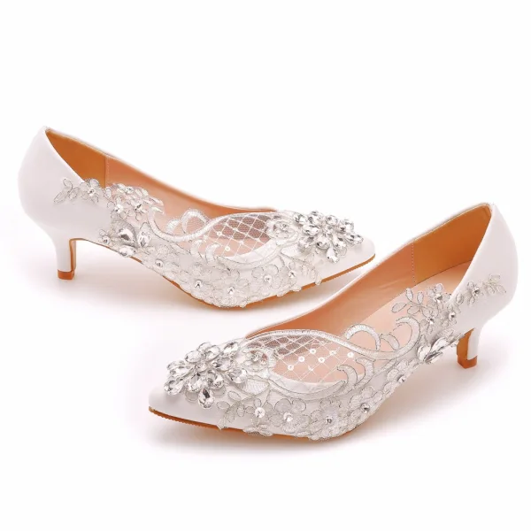 Élégant Blanche Faux Diamant En Dentelle Fleur Chaussure De Mariée 2023 5 cm Talons Aiguilles À Bout Pointu Mariage Escarpins Talons Hauts