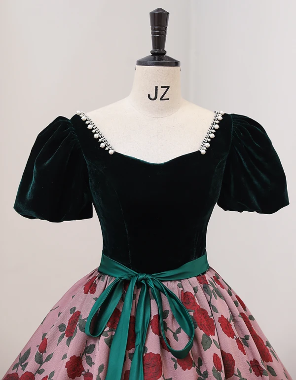 Chic / Belle Vert Foncé Impression Robe De Bal 2022 Robe Boule Encolure Carrée Manches Courtes Dos Nu Noeud Ceinture Longue Promo Robe De Ceremonie