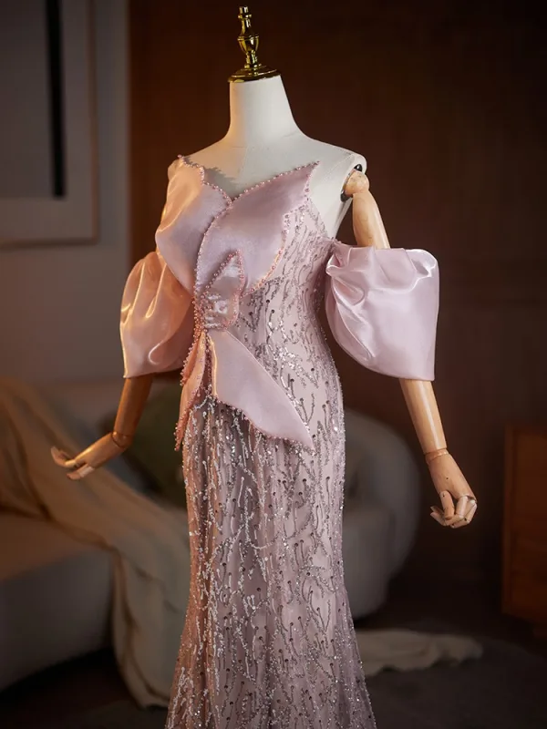Charmant Rosa Perlenstickerei Pailletten Abendkleider 2025 Meerjungfrau Bandeau Geschwollenes Kurze Ärmel Rückenfreies Sweep / Pinsel Zug Abend Festliche Kleider