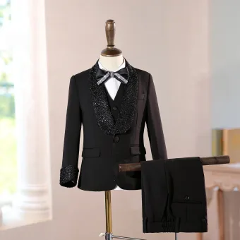 Black Sequins 5 Piece Long Sleeve Boys Wedding Suits Boys Wedding Suits 2025 Coat Pants Shirt Tie Vest