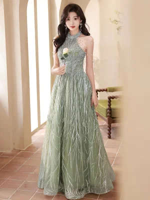 Mode Vert Cendré Perlage Perle Paillettes Robe De Bal 2024 Princesse Col Haut Sans Manches Longue Promo Robe De Ceremonie