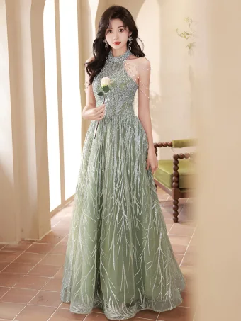 Mode Vert Cendré Perlage Perle Paillettes Robe De Bal 2024 Princesse Col Haut Sans Manches Longue Promo Robe De Ceremonie