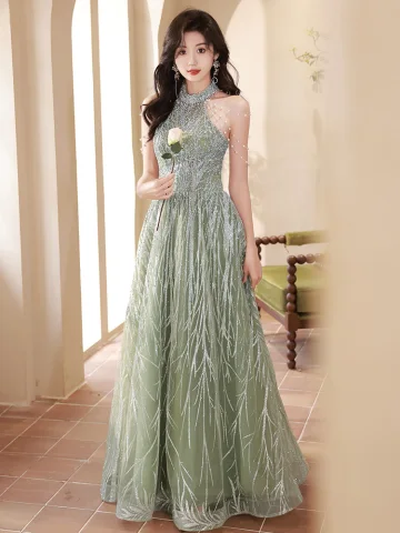 Fashion Sage Green Beading Pearl Sequins Prom Dresses 2024 A Line Princess High Neck Sleeveless Floor Length Long Prom Formal Dresses