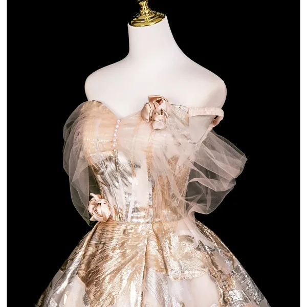 Élégant Doré Appliques Glitter Robe De Bal 2025 Dos Nu Robe Boule De l'épaule Manches Courtes Longue Robe De Ceremonie