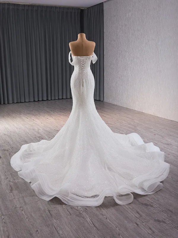 High End Sexy Weiß Perlenstickerei Perle Pailletten Brautkleider / Hochzeitskleider 2024 Ballkleid Bandeau Ärmellos Rückenfreies Kapelle-Schleppe Hochzeit