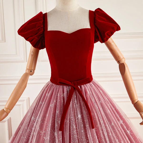 Schöne Rot Ballkleider 2023 Off Shoulder Ballkleid Kurze Ärmel Rückenfreies Schleife Stoffgürtel Lange Ball Festliche Kleider