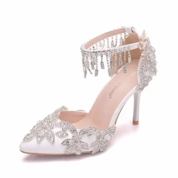 Chic Blanche Faux Diamant Chaussure De Mariée 2022 Cuir 9 Cm Talons Aiguilles À Bout Pointu Mariage Talons Hauts