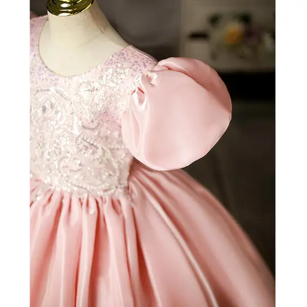 Lovely Candy Pink Beading Sequins Birthday Flower Girl Dresses 2022 Ball Gown Scoop Neck Puffy Short Sleeve Floor-Length / Long Flower Girl Dresses