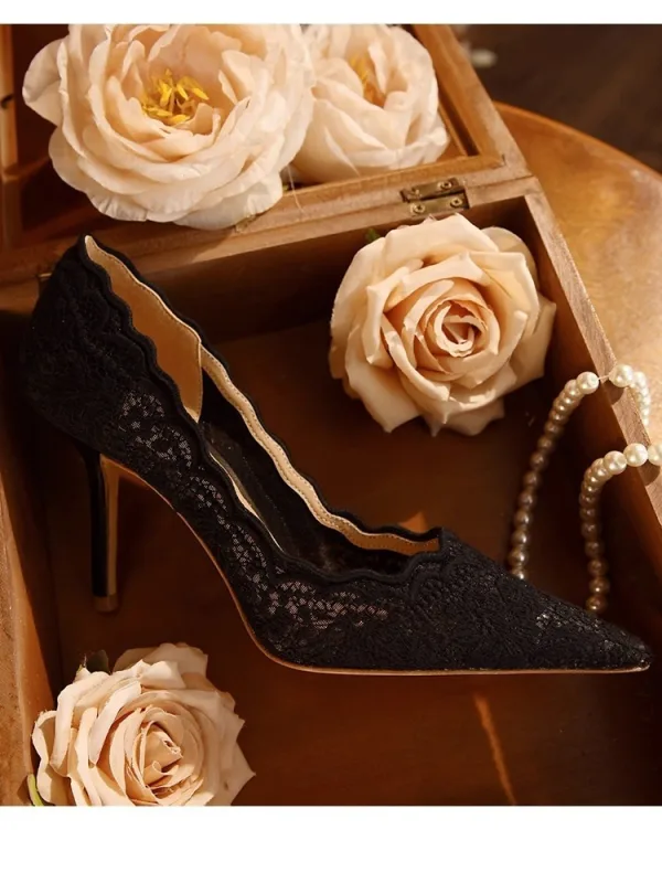 Sexy Black Evening Party Lace Flower Pumps 2026 6 cm Stiletto Heels Pointed Toe Pumps High Heels