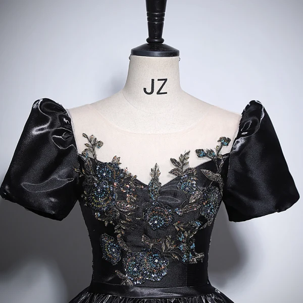 Elegant Black Beading Sequins Prom Dresses Ball Gown 2024 Scoop Neck Puffy Short Sleeve Backless Floor-Length / Long Prom Formal Dresses