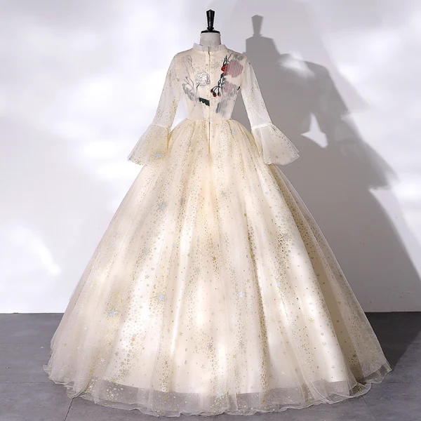 Élégant Champagne Paillettes En Dentelle Fleur Robe De Bal 2022 Robe Boule Col Haut Manches de cloche Longue Robe De Ceremonie