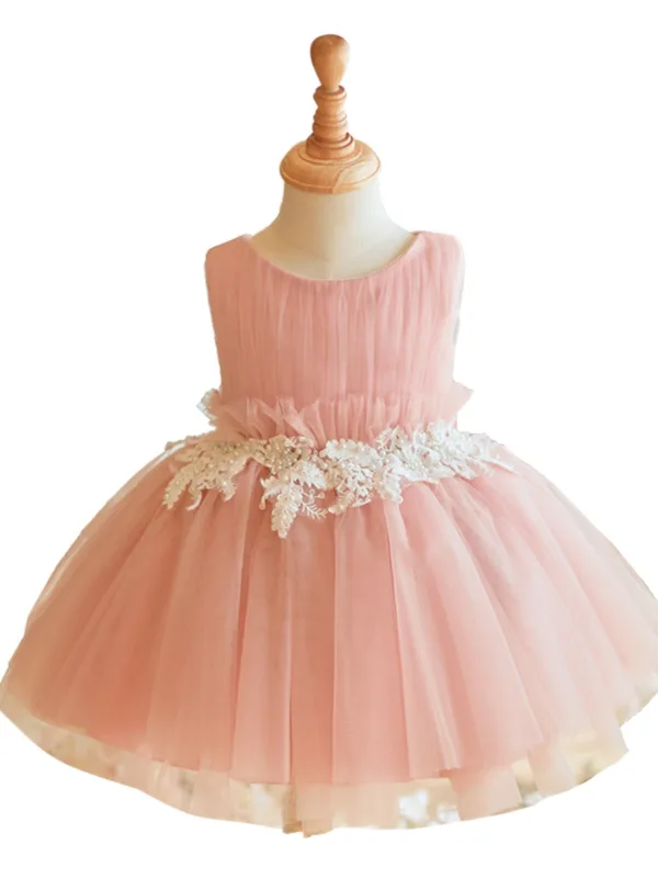Elegant Blushing Pink Pearl Lace Flower Short Birthday Flower Girl Dresses 2024 Ball Gown Scoop Neck Sleeveless Backless Bow Tulle