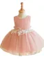 Elegant Blushing Pink Pearl Lace Flower Short Birthday Flower Girl Dresses 2024 Ball Gown Scoop Neck Sleeveless Backless Bow Tulle