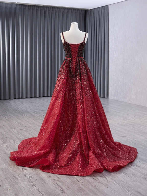 High-end Burgundy Gradient-Color Handmade  Beading Pearl Sequins Prom Dresses 2024 Trumpet / Mermaid Spaghetti Straps Sleeveless Backless Sweep Train Prom Formal Dresses