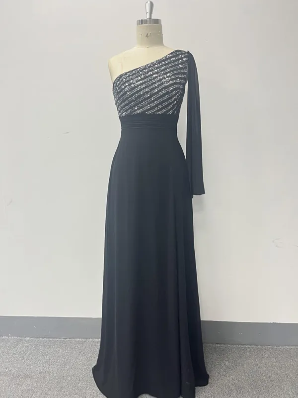 Chic / Beautiful Black Sequins Split Front Evening Dresses 2024 A-Line / Princess Zipper Up at Side One-Shoulder Sleeveless Backless Floor-Length / Long Prom Formal Dresses