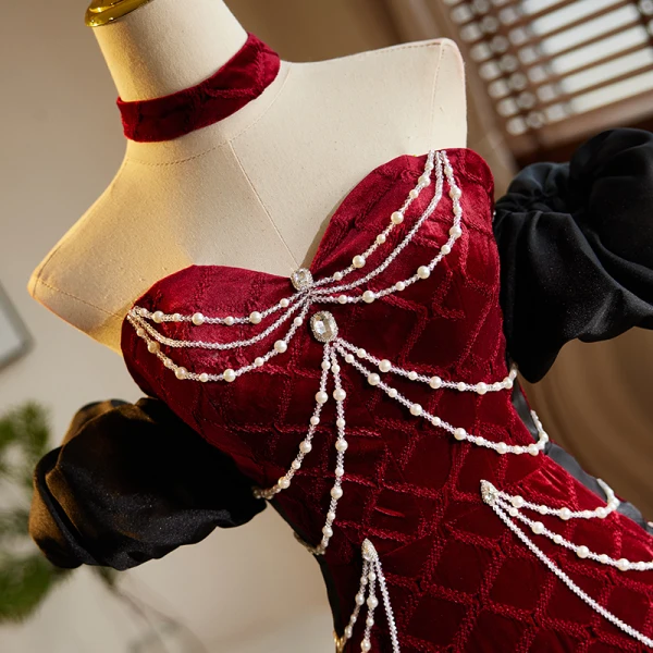 Chic / Beautiful Burgundy Beading Pearl Rhinestone Prom Dresses 2024 Trumpet / Mermaid Off-The-Shoulder Short Sleeve Backless Sweep Train Prom Formal Dresses