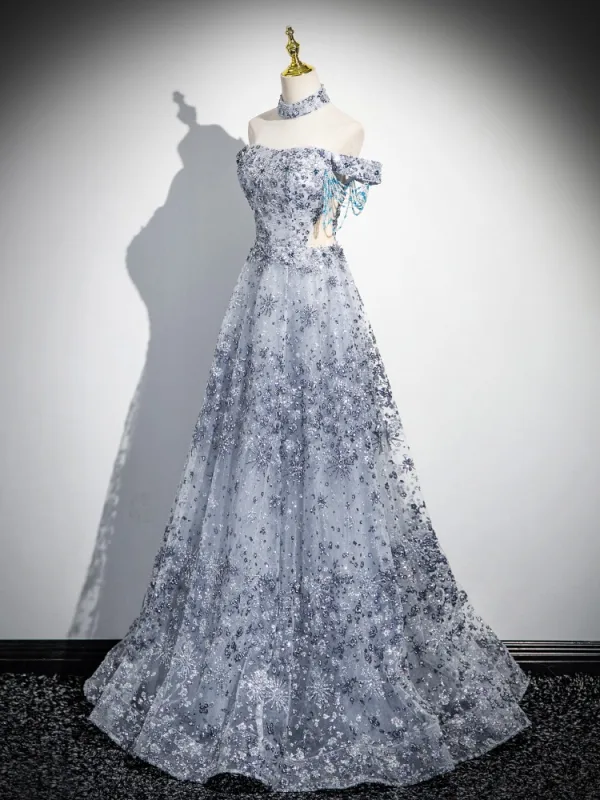 Scintillantes Bleu Ciel Perlage Paillettes Robe De Bal 2025 Princesse De l'épaule Manches Courtes Dos Nu Longue Promo Robe De Ceremonie