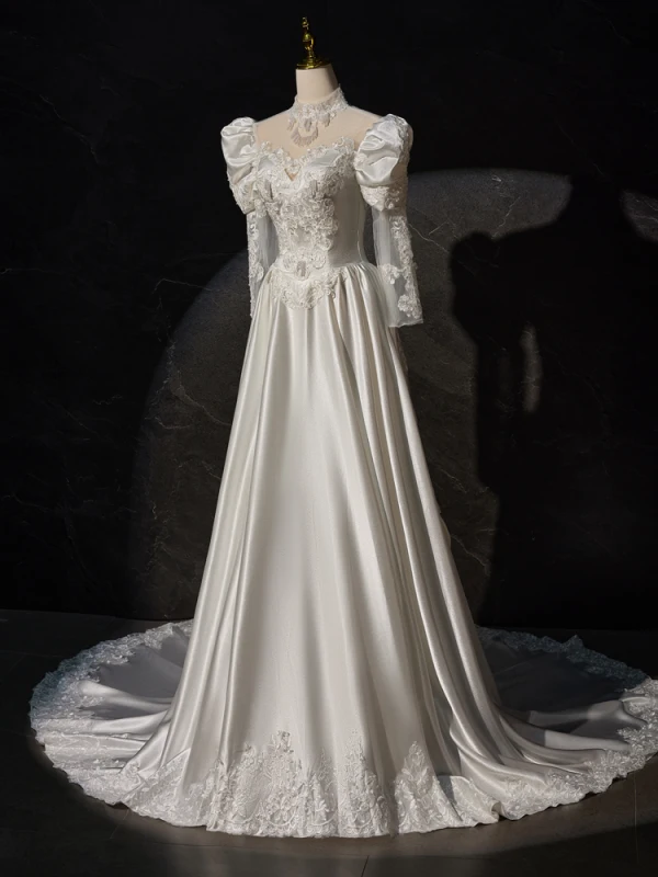 Vintage / Retro Medieval White Beading Pearl Lace Flower Satin Wedding Dresses 2024 A-Line / Princess High Neck 3/4 Sleeve Sweep Train Wedding
