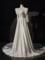 Vintage / Retro Medieval White Beading Pearl Lace Flower Satin Wedding Dresses 2024 A-Line / Princess High Neck 3/4 Sleeve Sweep Train Wedding