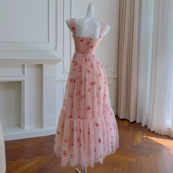 Korsage Kirsche Pearl Rosa Rüschen Tülle Ballkleider 2026 A Linie Schnürung Wadenlang Ärmellos
