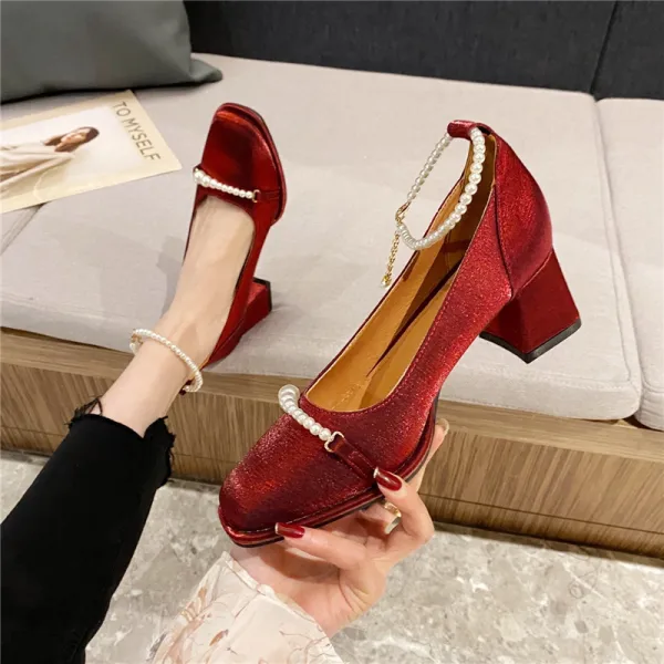 Vintage / Retro Beige Street Wear Satin Pumps 2022 Pearl Ankle Strap 5 cm Thick Heels Square Toe Pumps High Heels