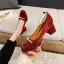Vintage / Retro Beige Street Wear Satin Pumps 2022 Pearl Ankle Strap 5 cm Thick Heels Square Toe Pumps High Heels