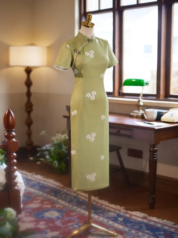 Chinese style Sage Green Floral Evening Party Cheongsam 2025 Trumpet / Mermaid High Neck Short Sleeve Floor-Length / Long Cheongsam / Qipao