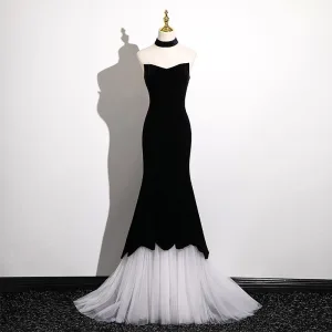 Sexy Black Evening Dresses 2025 Trumpet Mermaid Strapless Sleeveless Backless Sweep Train Evening Party Formal Dresses