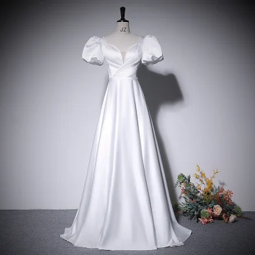 Elegant Ivory Satin Prom Dresses 2022 A Line Princess V Neck Short Sleeve Backless Floor Length Long Prom Formal Dresses