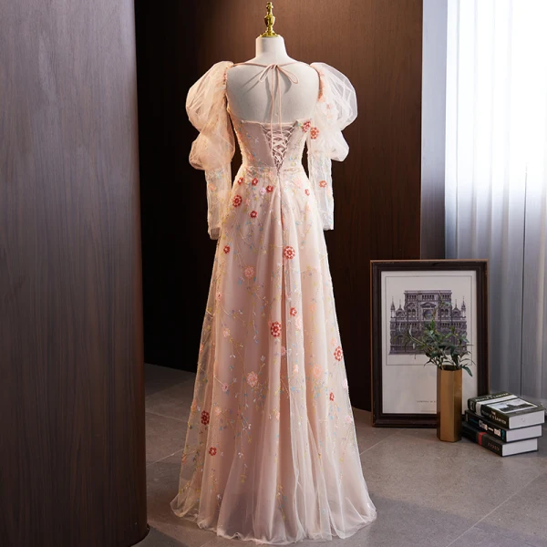 Flower Fairy Blushing Pink Sequins Prom Dresses 2023 A-Line / Princess Square Neckline Puffy Long Sleeve Backless Floor-Length / Long Prom Formal Dresses