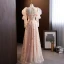 Flower Fairy Blushing Pink Sequins Prom Dresses 2023 A-Line / Princess Square Neckline Puffy Long Sleeve Backless Floor-Length / Long Prom Formal Dresses