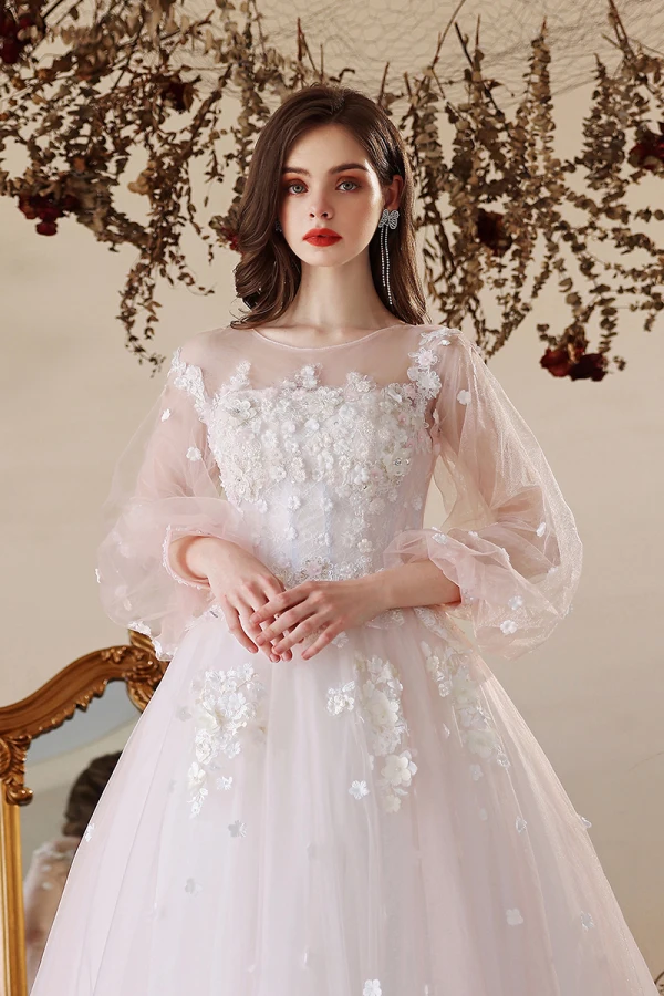 Chic / Beautiful White Prom Dresses 2022 A-Line / Princess Scoop Neck Beading Rhinestone Pearl Lace Flower Appliques Long Sleeve Floor-Length / Long Formal Dresses