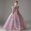 Chic / Beautiful Lavender Glitter Sequins Birthday Flower Girl Dresses 2023 Ball Gown Ruffle Off-The-Shoulder Short Sleeve Floor-Length / Long