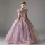 Sparkly Lilac Pearl Sequins Birthday Ball Gown Flower Girl Dresses 2024 Scoop Neck Short Sleeve Floor-Length / Long