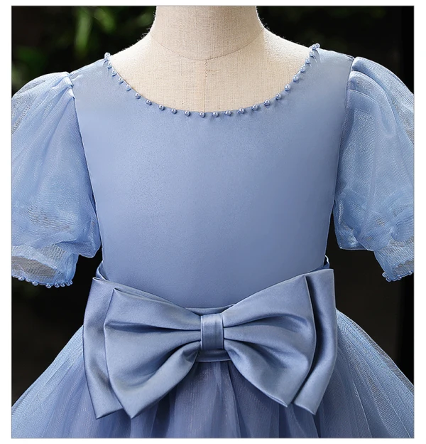 Élégant Bleu Ciel Noeud Ceinture Anniversaire Robe Ceremonie Fille 2022 Robe Boule Encolure Dégagée Gonflée Manches Courtes Longue Robe Ceremonie Fille