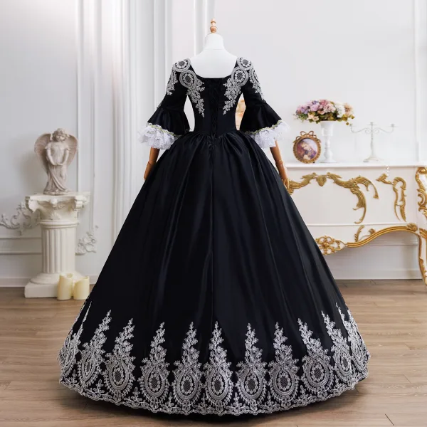 Vintage / Retro Black Lace Flower Prom Dresses 2026 Ball Gown Square Neckline Bell sleeves Backless Floor-Length / Long Formal Dresses
