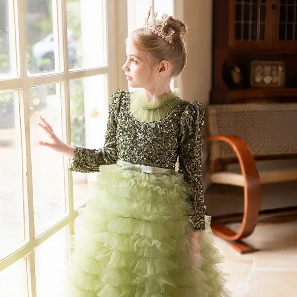 Sparkly Sage Green Cascading Ruffles Sequins Birthday Flower Girl Dresses 2024 A-Line / Princess High Neck Long Sleeve Bow Sash Floor-Length / Long Flower Girl Dresses