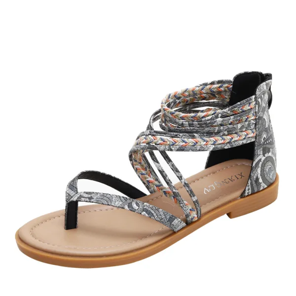 Bohême Ethnique Marron Plage Plate Sandales Femme 2022 Bride Cheville Peep Toes / Bout Ouvert Sandales
