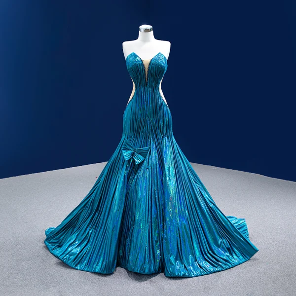 Luxury / Gorgeous Ocean Blue Beading Pearl Sequins Bow Pierced Prom Dresses 2022 Trumpet / Mermaid Scoop Neck Long Sleeve Backless Royal Train Prom Luxury / Gorgeous Ocean Blue Beading Pearl Sequins Bow Pierced Prom Dresses 2022 Trumpet / Mermaid Scoop Neck Long Sleeve Backless Royal Train Prom