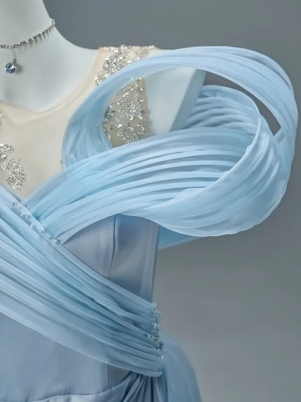 Fashion Sky Blue Beading Sequins Satin Prom Dresses 2026 A-Line / Princess Off-The-Shoulder Sleeveless Backless Sweep Train Formal Dresses