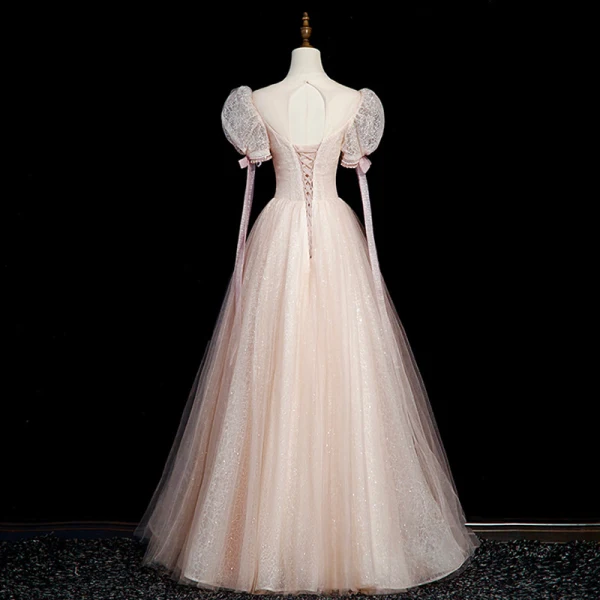 Élégant Rougissant Rose Perlage Faux Diamant Robe De Bal 2023 Princesse Encolure Dégagée Manches Courtes Noeud Dos Nu Longue Robe De Ceremonie