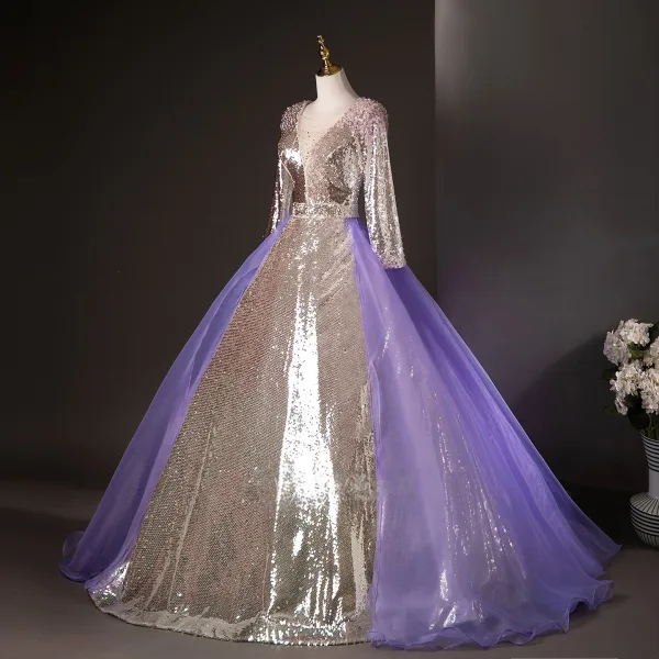 Sparkly Silver Sequins Prom Dresses 2025 Ball Gown V-Neck Long Sleeve Backless Floor-Length / Long Formal Dresses